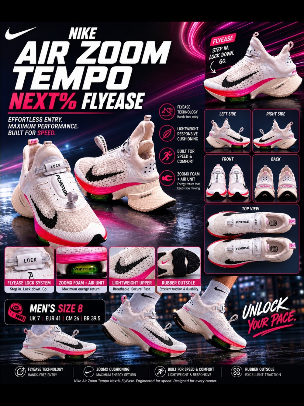 Nike Air Zoom Tempo NEXT% FlyEase - White, Pink & Black Performance Runners
